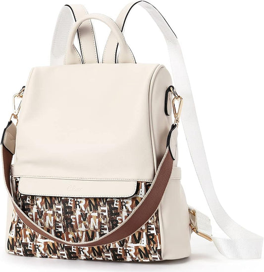 Womens Backpack Purse Fashion Leather Ladies Travel Large Designer Convertible Shoulder Bags Beige Letter