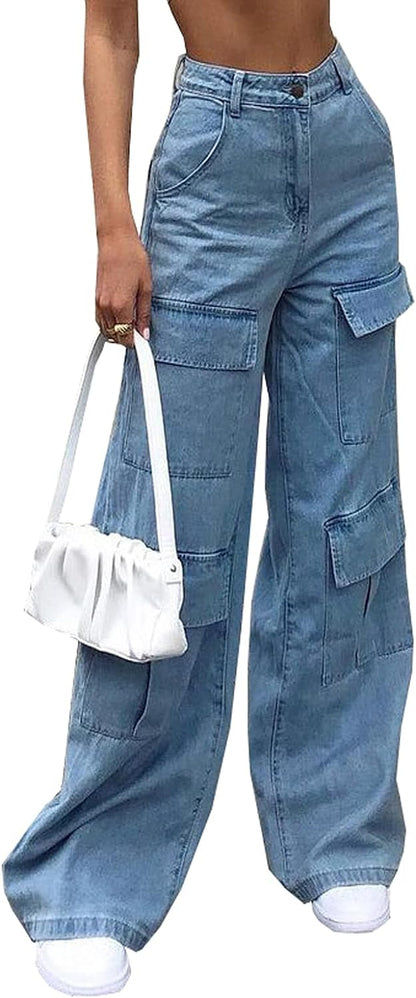 Women'S High Waist Baggy Jeans Flap Pocket Relaxed Fit Straight Wide Leg Y2K Fashion Cargo Jeans